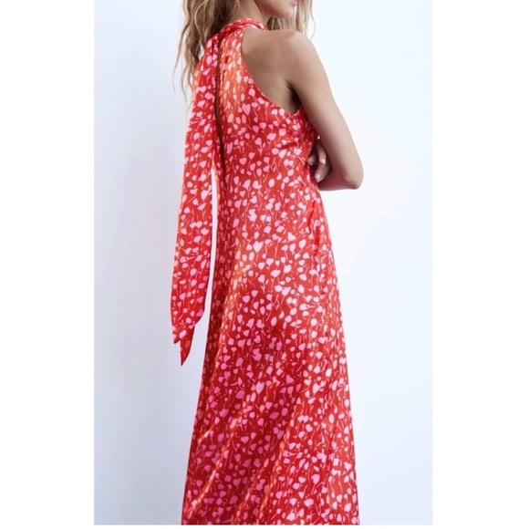 Zara Red Floral Satin Effect Halter Neck Tie Back midi dress - Picture 2 of 11